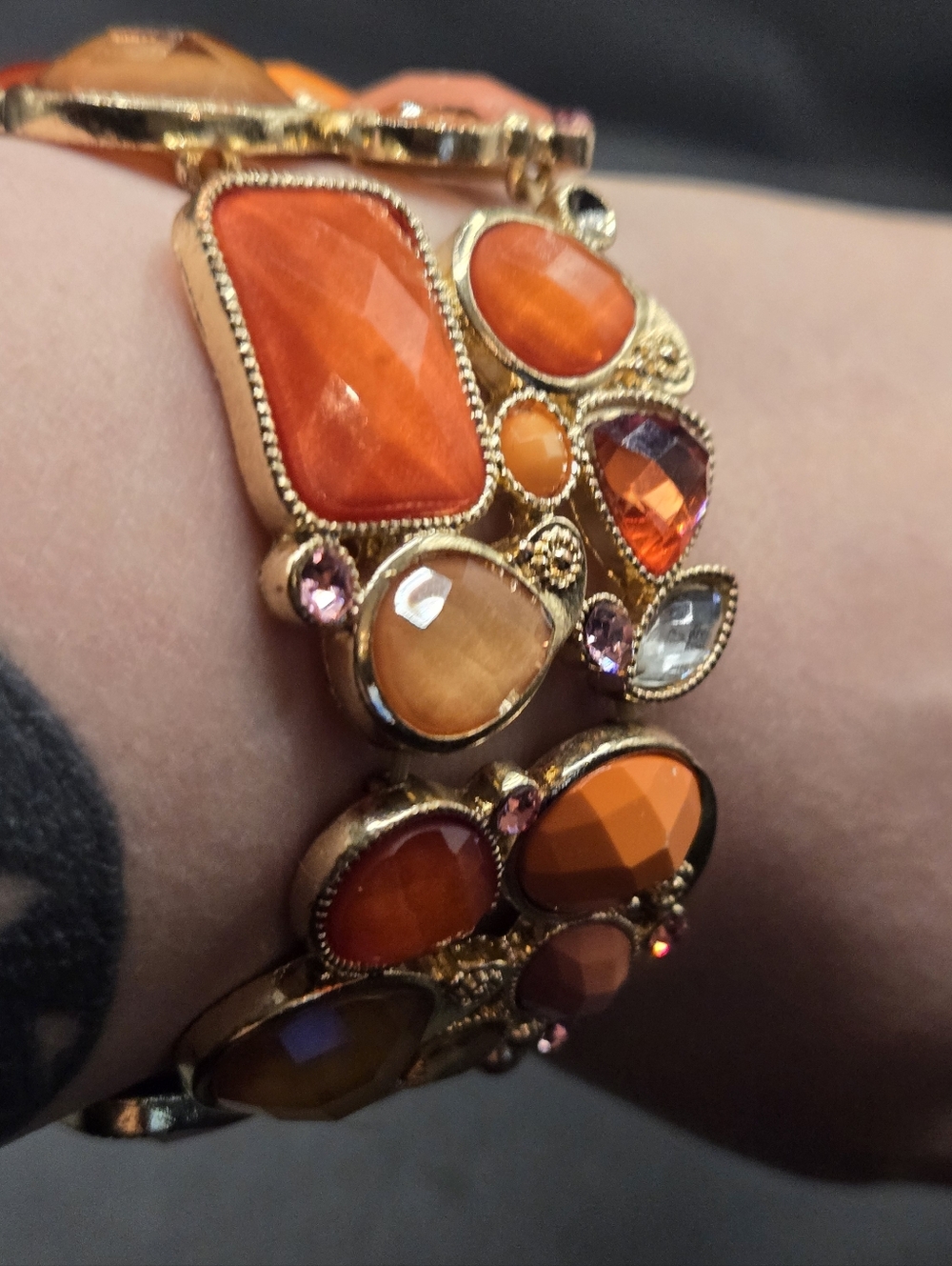 Vintage Orange Gem Statement Stretch Bracelet Gold Chunky Glam